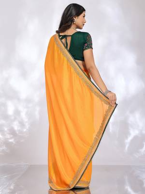 yellow floral embroidered silk blend heavy work saree 3