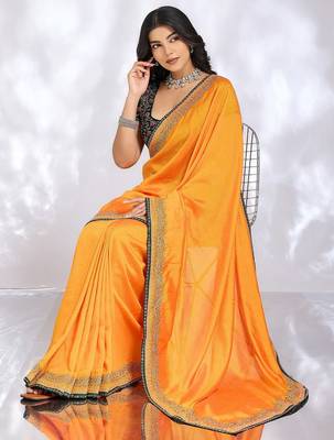 yellow floral embroidered silk blend heavy work saree 4