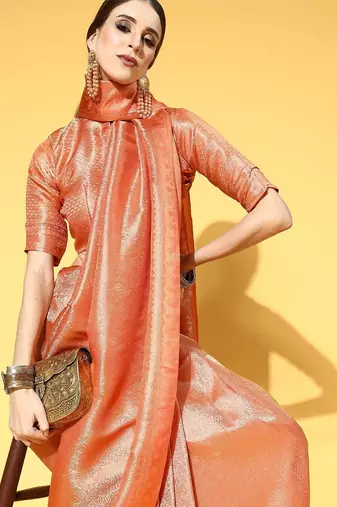 peach peach-coloured woven paisley kanjeevaram saree
