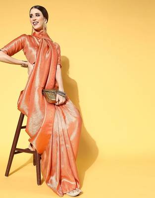 peach peach-coloured woven paisley kanjeevaram saree 2