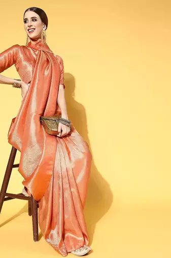 peach peach-coloured woven paisley kanjeevaram saree