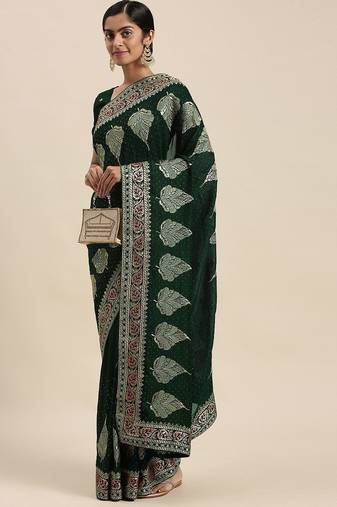 green green floral beads and stones silk blend saree