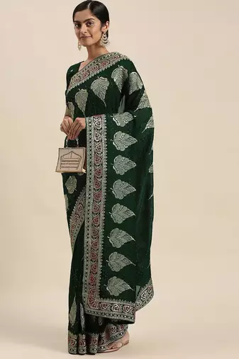 green green floral beads and stones silk blend saree