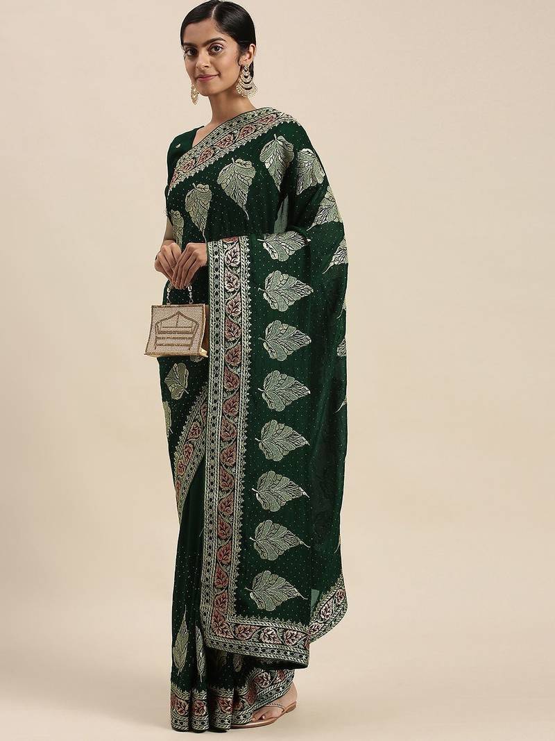 green green floral beads and stones silk blend saree