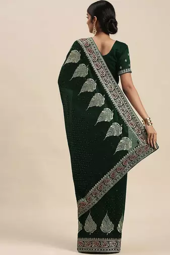 green green floral beads and stones silk blend saree