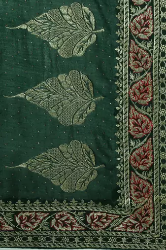 green green floral beads and stones silk blend saree