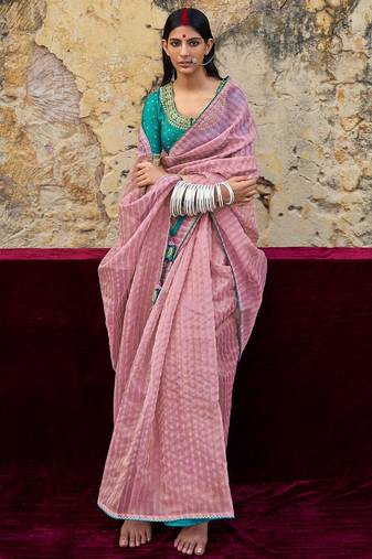 mauve mauve & blue striped organza saree