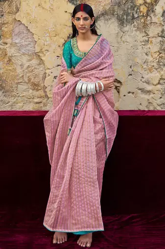 mauve mauve & blue striped organza saree