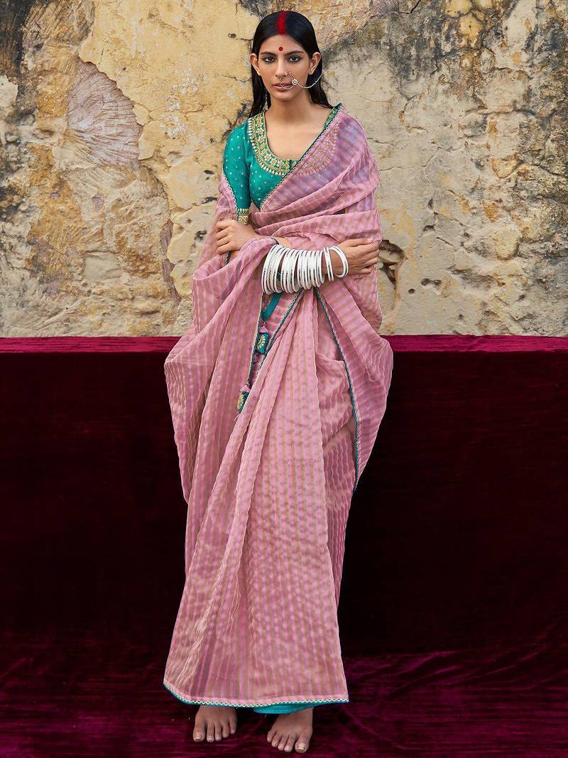 mauve mauve & blue striped organza saree