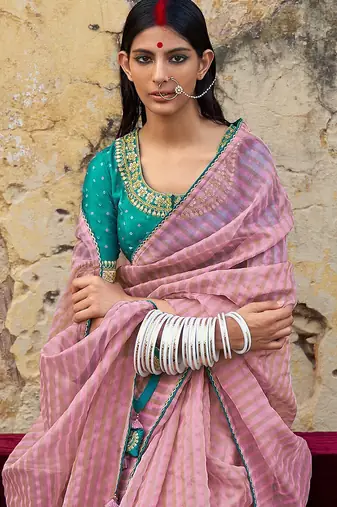 mauve mauve & blue striped organza saree
