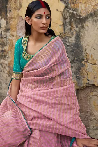 mauve mauve & blue striped organza saree