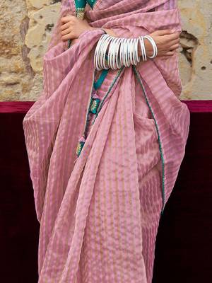 mauve mauve & blue striped organza saree 4