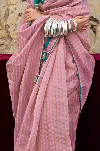 mauve mauve & blue striped organza saree