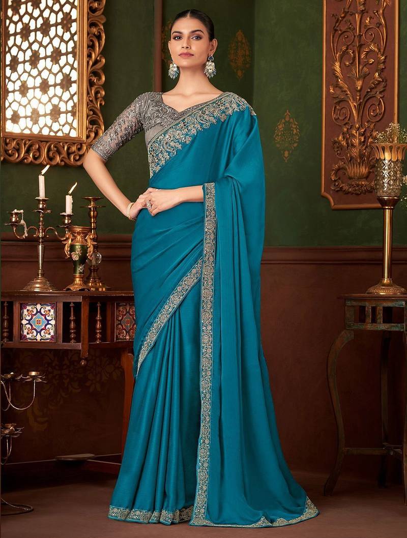 blue embellished sequinned saree