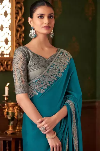blue embellished sequinned saree