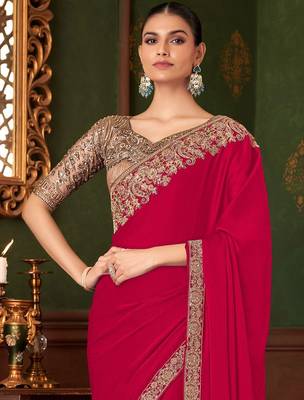 pink embellished sequinned pure chiffon saree 1