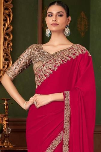 pink embellished sequinned pure chiffon saree