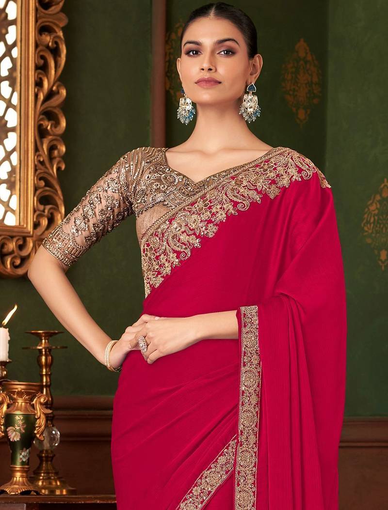 pink embellished sequinned pure chiffon saree