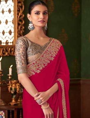 pink embellished sequinned pure chiffon saree 3
