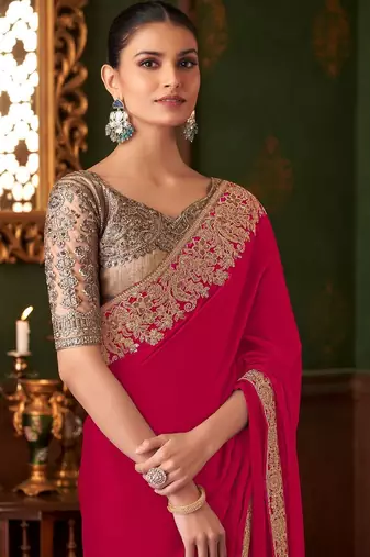 pink embellished sequinned pure chiffon saree