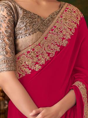pink embellished sequinned pure chiffon saree 4