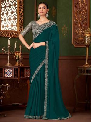 teal sequinned pure chiffon celebrity saree 1