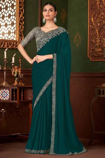 teal sequinned pure chiffon celebrity saree