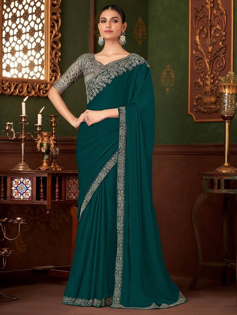 teal sequinned pure chiffon celebrity saree