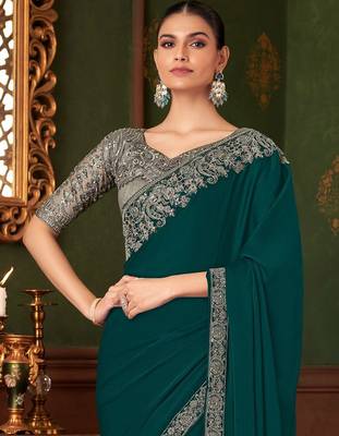 teal sequinned pure chiffon celebrity saree 2