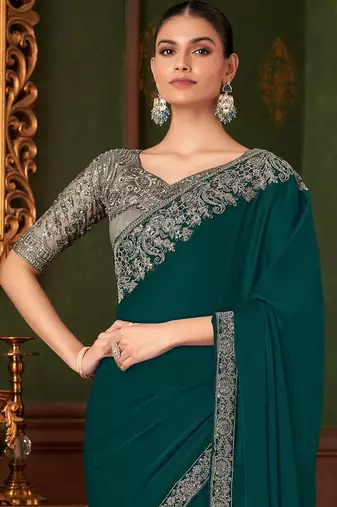 teal sequinned pure chiffon celebrity saree