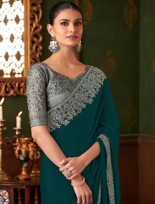 teal sequinned pure chiffon celebrity saree 3