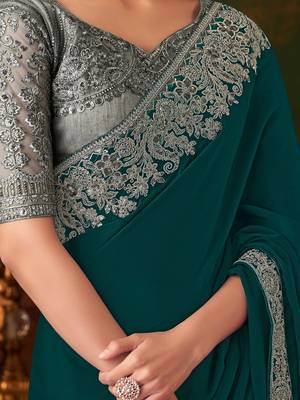 teal sequinned pure chiffon celebrity saree 4