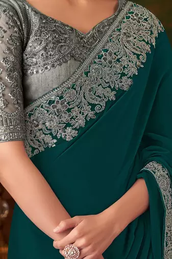 teal sequinned pure chiffon celebrity saree