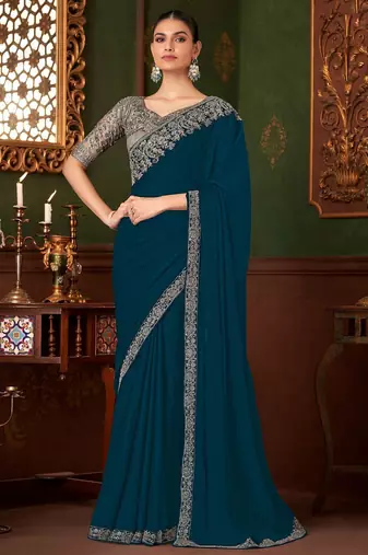 teal sequinned pure chiffon saree