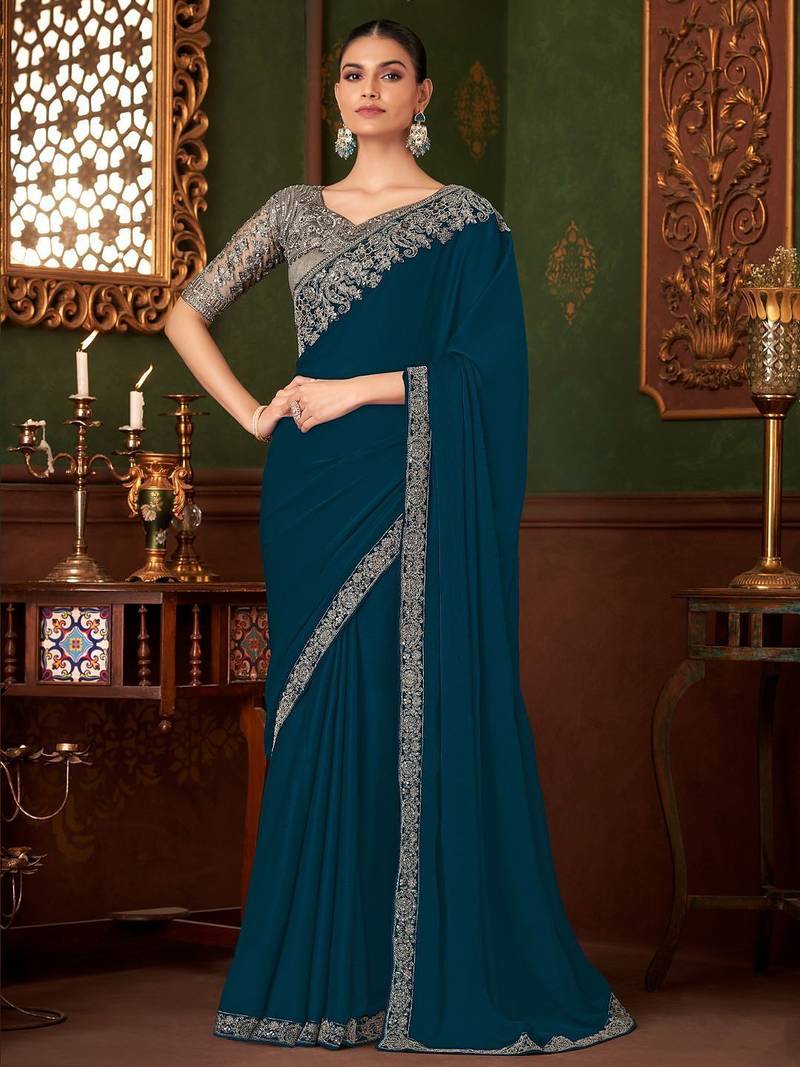 teal sequinned pure chiffon saree