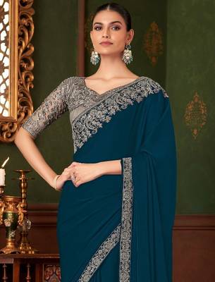 teal sequinned pure chiffon saree 2