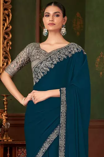 teal sequinned pure chiffon saree
