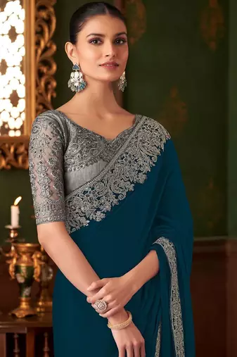 teal sequinned pure chiffon saree