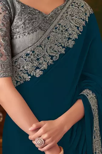 teal sequinned pure chiffon saree