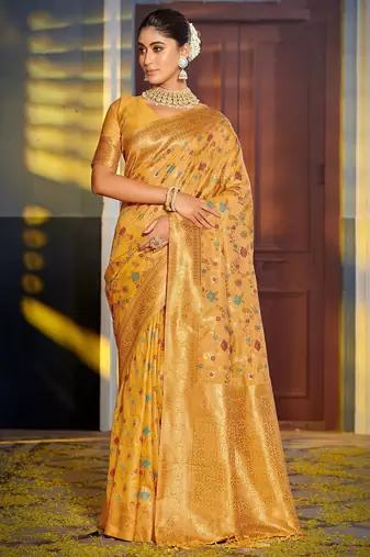 mustard floral woven design zari banarasi saree