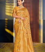 mustard floral woven design zari banarasi saree