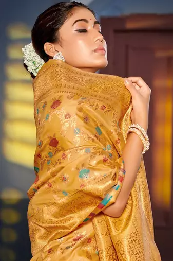 mustard floral woven design zari banarasi saree