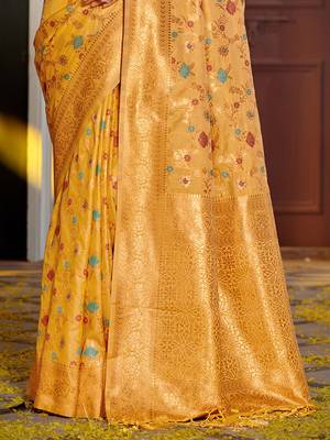 mustard floral woven design zari banarasi saree 3
