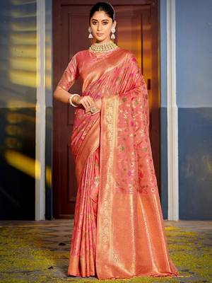 peach ethnic motifs woven design zari banarasi saree 1