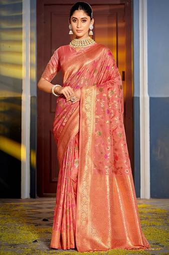 peach ethnic motifs woven design zari banarasi saree