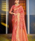peach ethnic motifs woven design zari banarasi saree