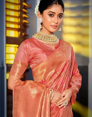 peach ethnic motifs woven design zari banarasi saree 2