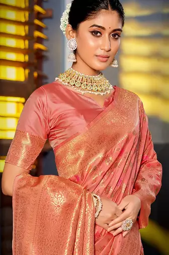 peach ethnic motifs woven design zari banarasi saree