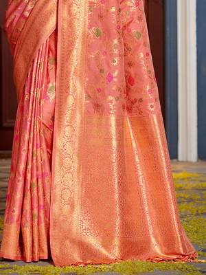 peach ethnic motifs woven design zari banarasi saree 3