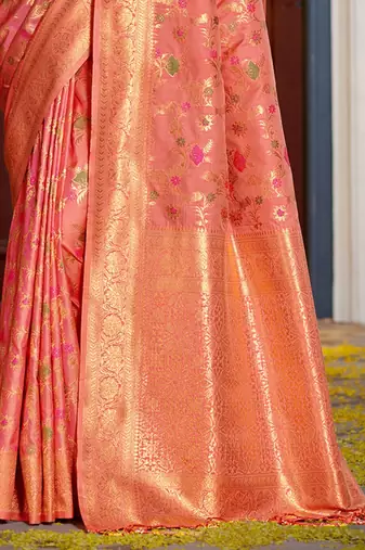 peach ethnic motifs woven design zari banarasi saree